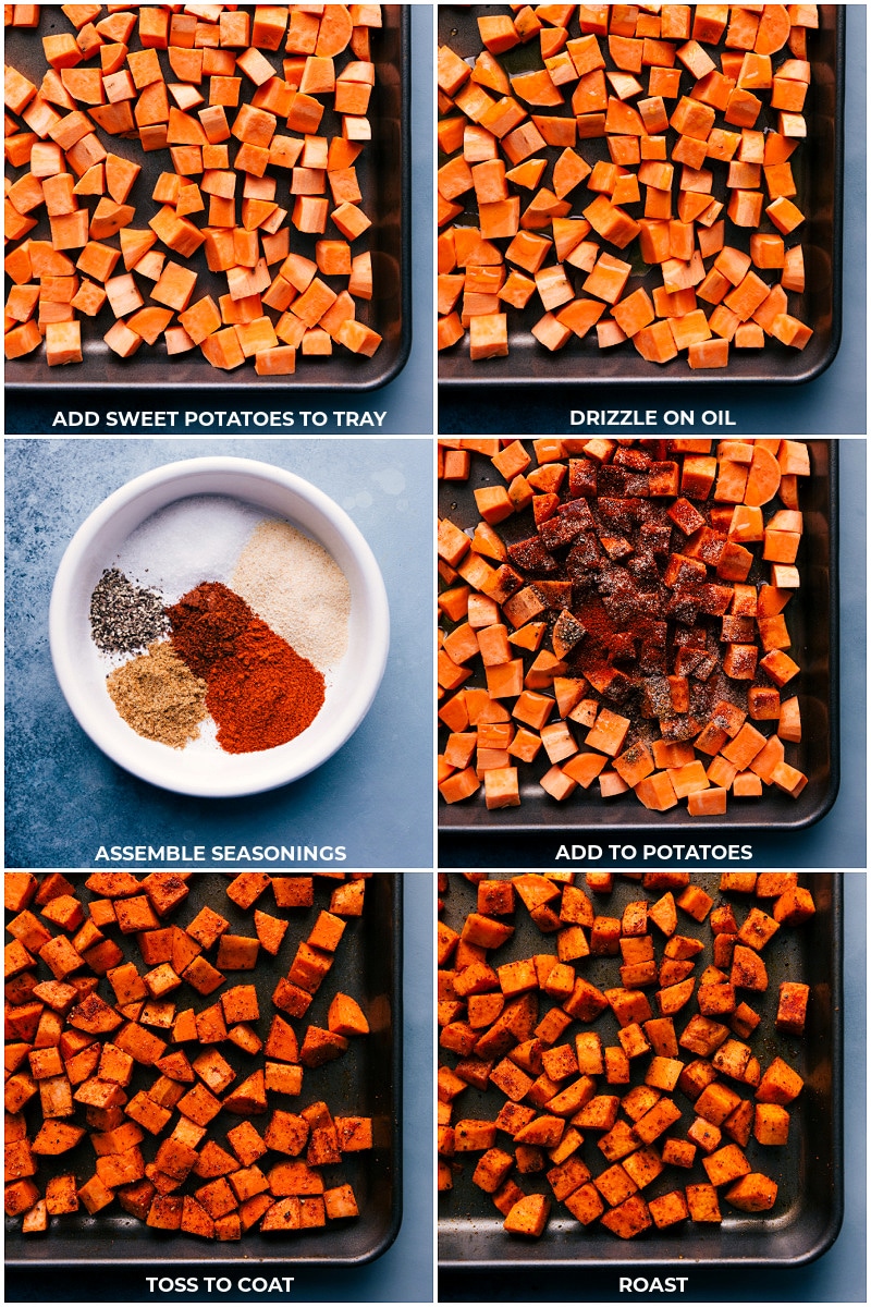 Process shots of prepping and roasting sweet potatoes.