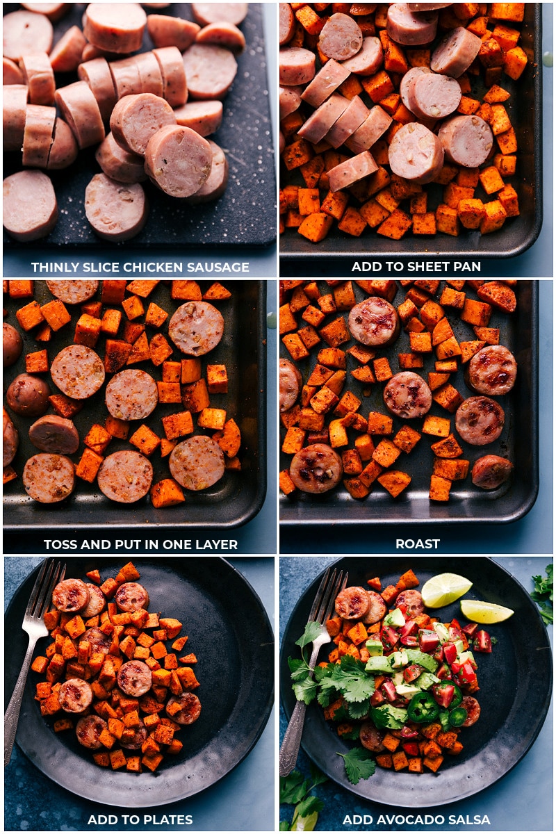Process shots-adding sausage to the sweet potatoes.