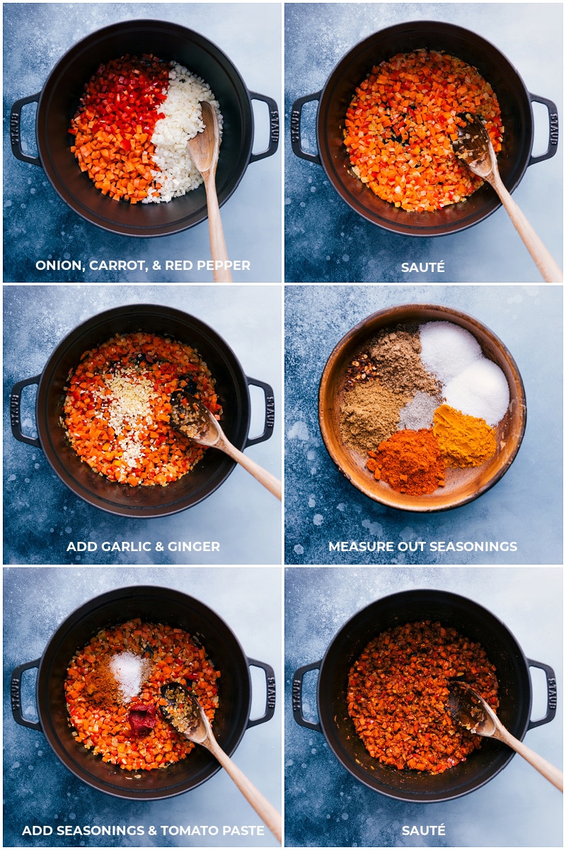 Veggies being added to a pot and being sautéed; the seasonings and tomato paste being added; everything being sautéed.