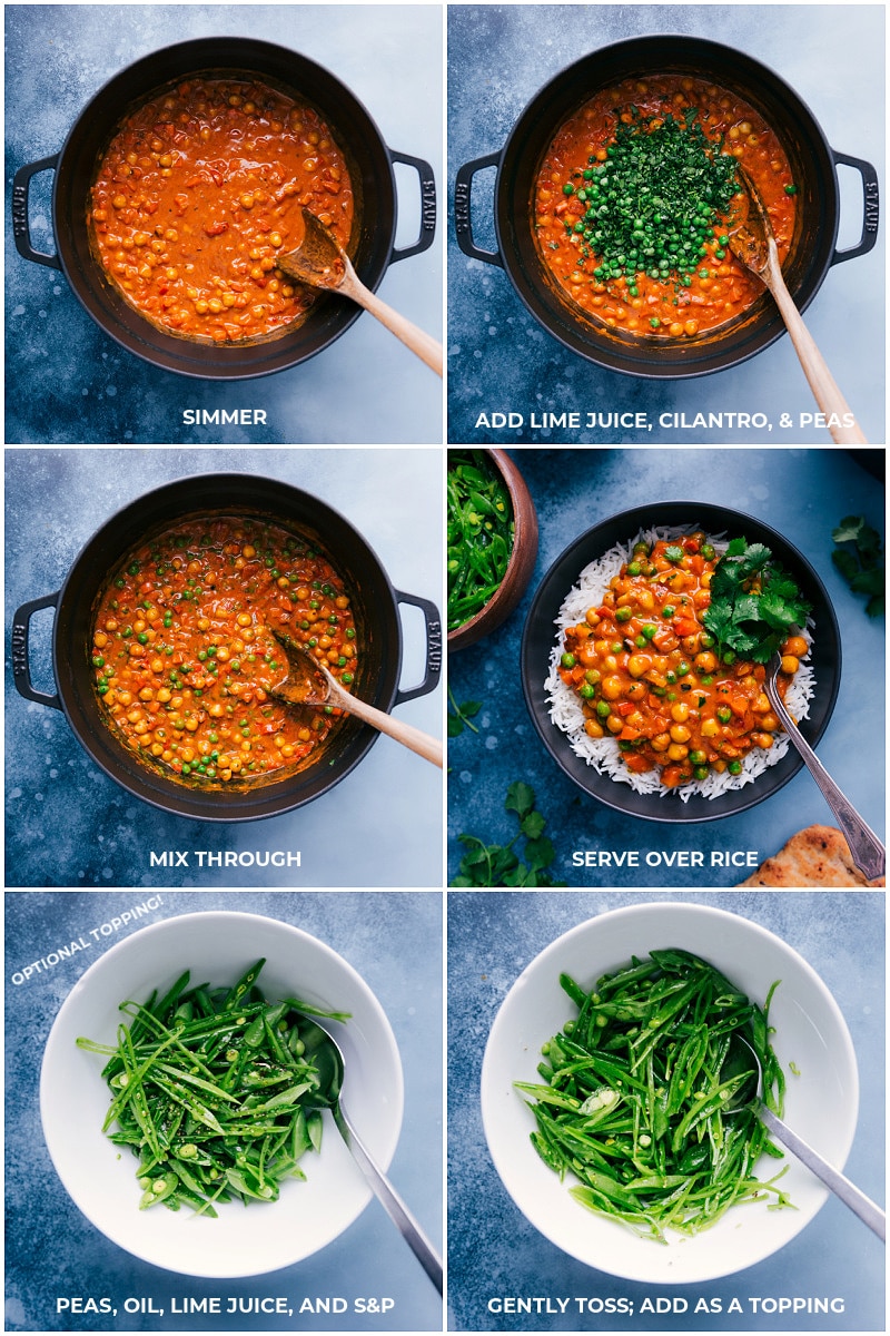 Process shots-- images of the vegetarian tikka masala being simmered, then the lime juice, cilantro, and peas being added and mixed together and it all being served over a bed of rice with snap peas as a topping