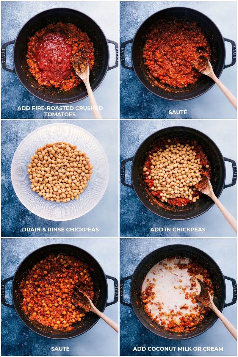 Tomatoes, chickpeas, and coconut milk being added and mixed together.