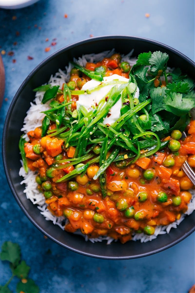 Overhead image of Vegetarian Tikka Masala in a bowl, ready to be eaten.