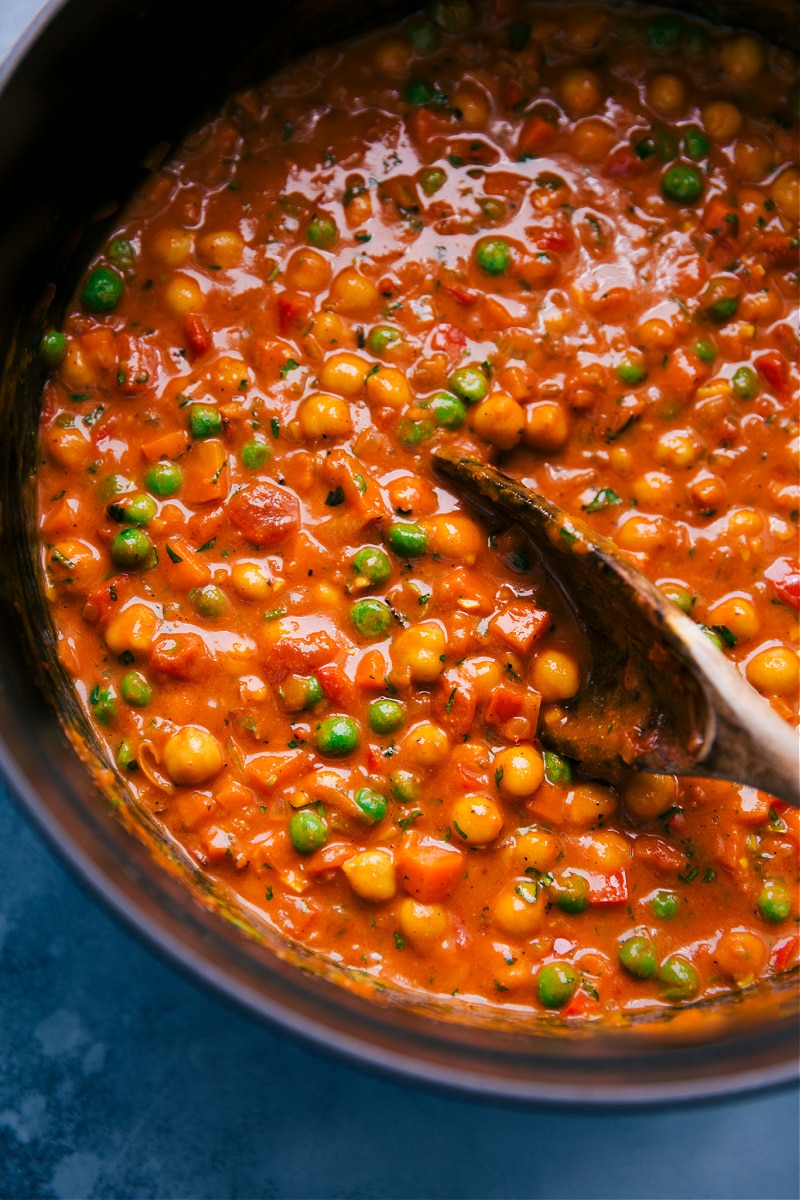 Up-close overhead image of Vegetarian Tikka Masala in the pot, ready to be served.