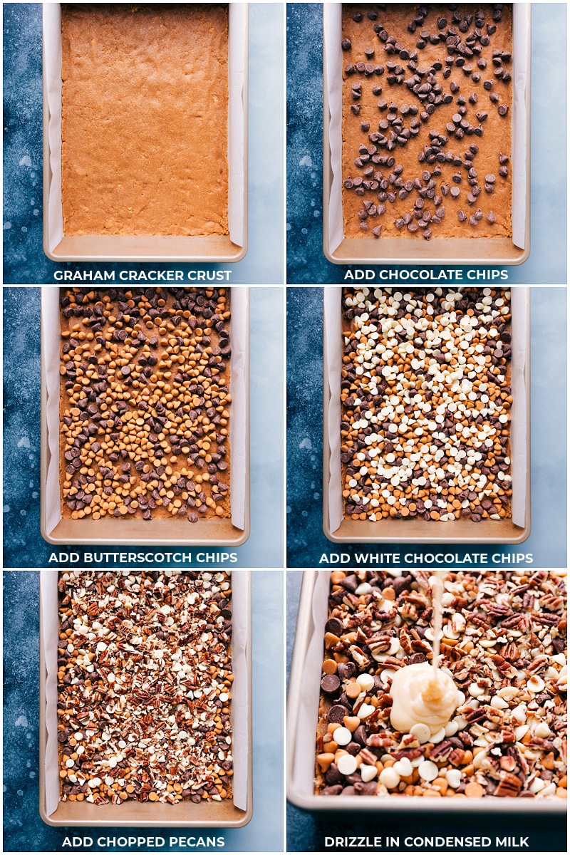 Delicious 7 Layer Bars Layering in the ingredients to the pan of 7 Layer Bars recipe.