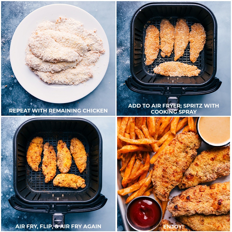 Process shots: cooking the tenders in the air fryer.