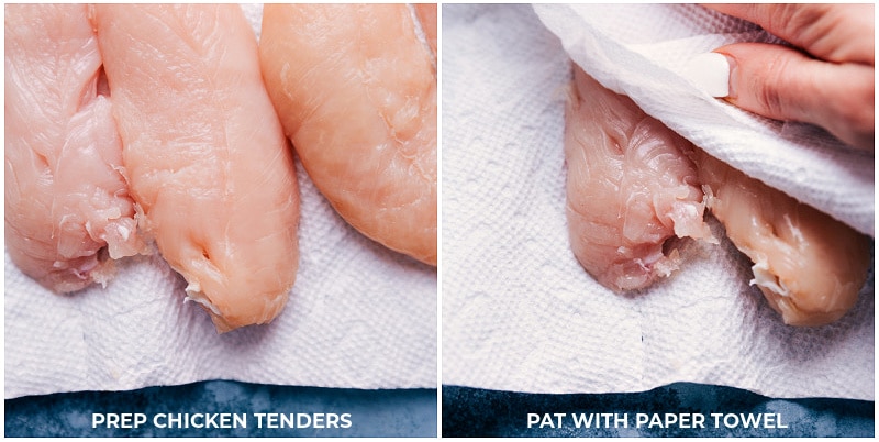 Uncooked chicken tenders being prepped for cooking.