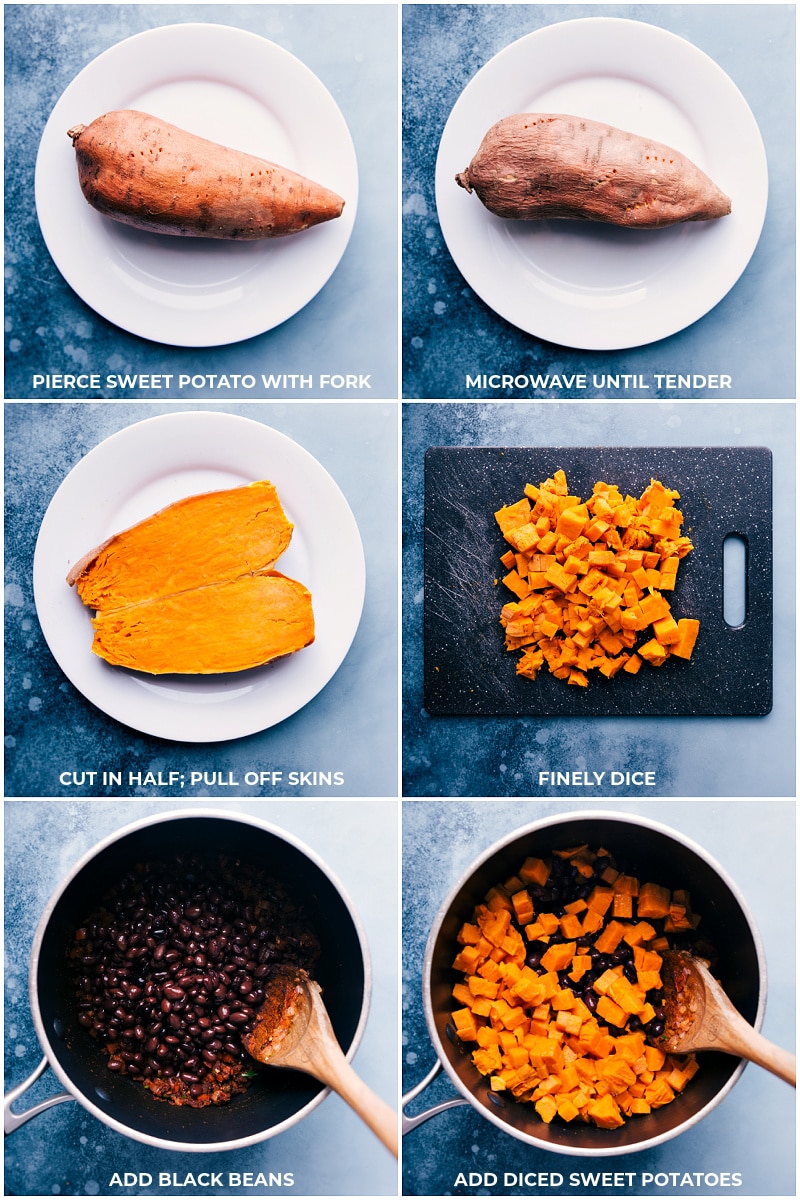 Process shots: preparing the sweet potatoes and adding to the black beans.