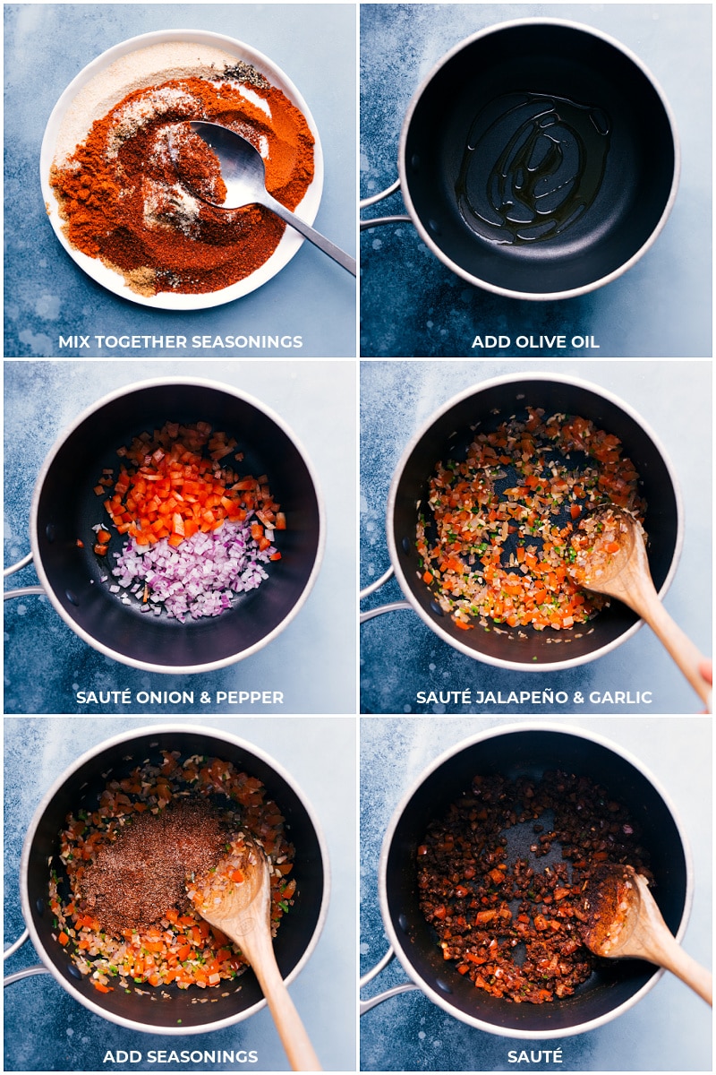 Adding spices and vegetables to the pan.