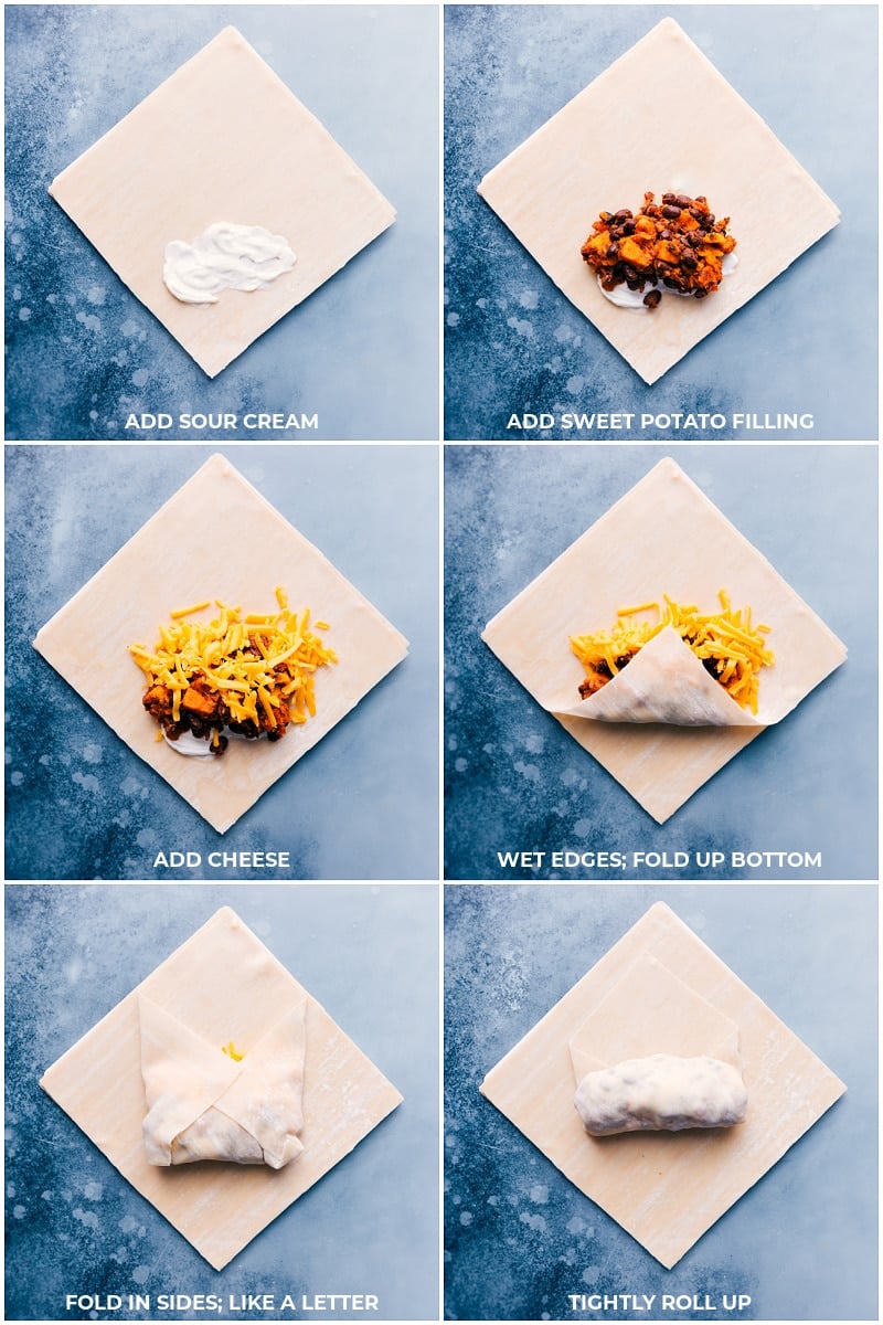 Process shots: assembling and rolling egg rolls