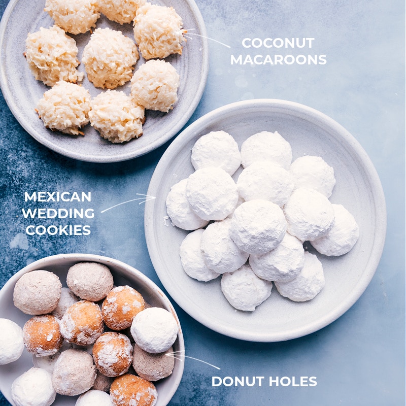 Coconut Macaroons, Donut Holes and Mexican Wedding Cookies on plates that goes into these easter printable