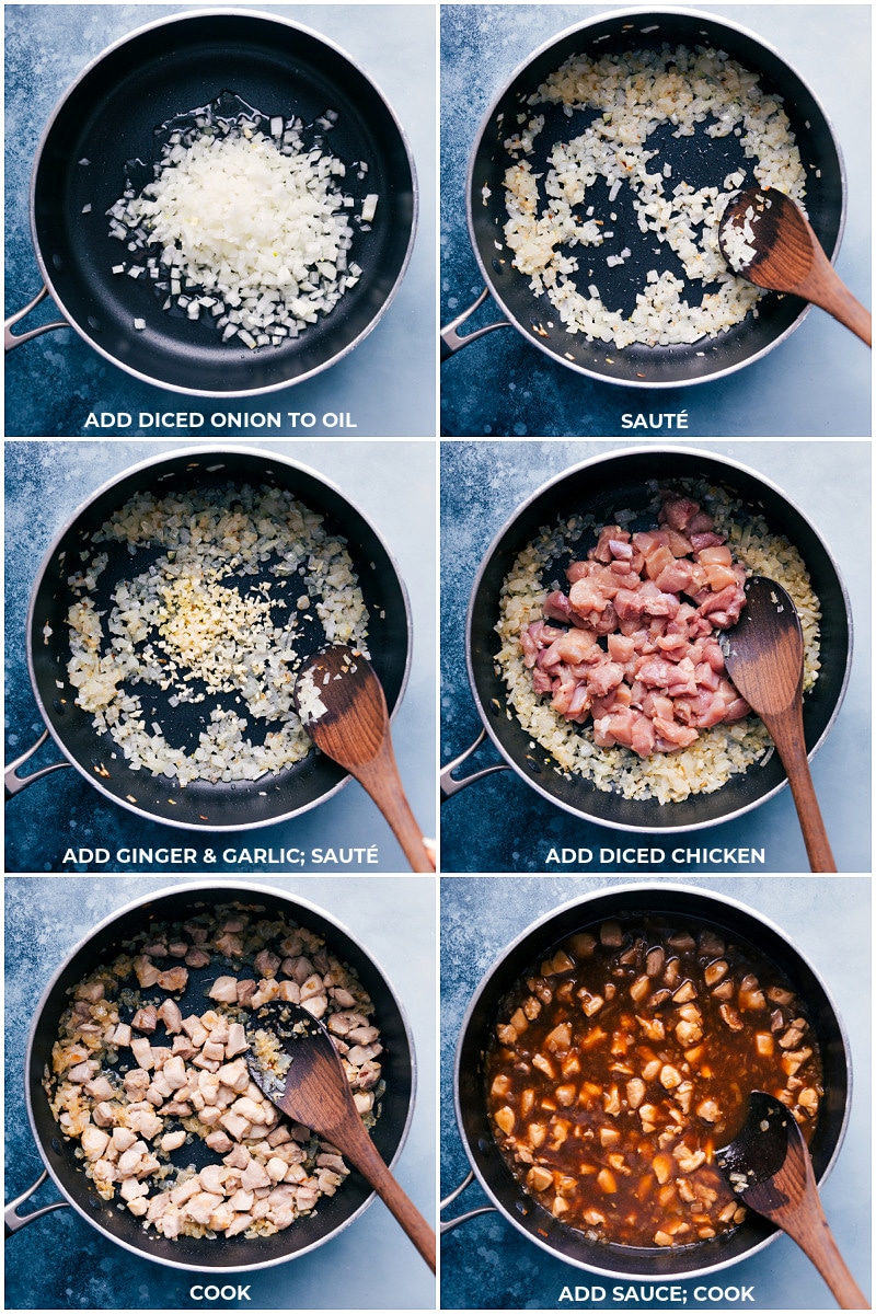 Process shots: Images of the onion, garlic, ginger, and chicken being sautéed and the sauce being added