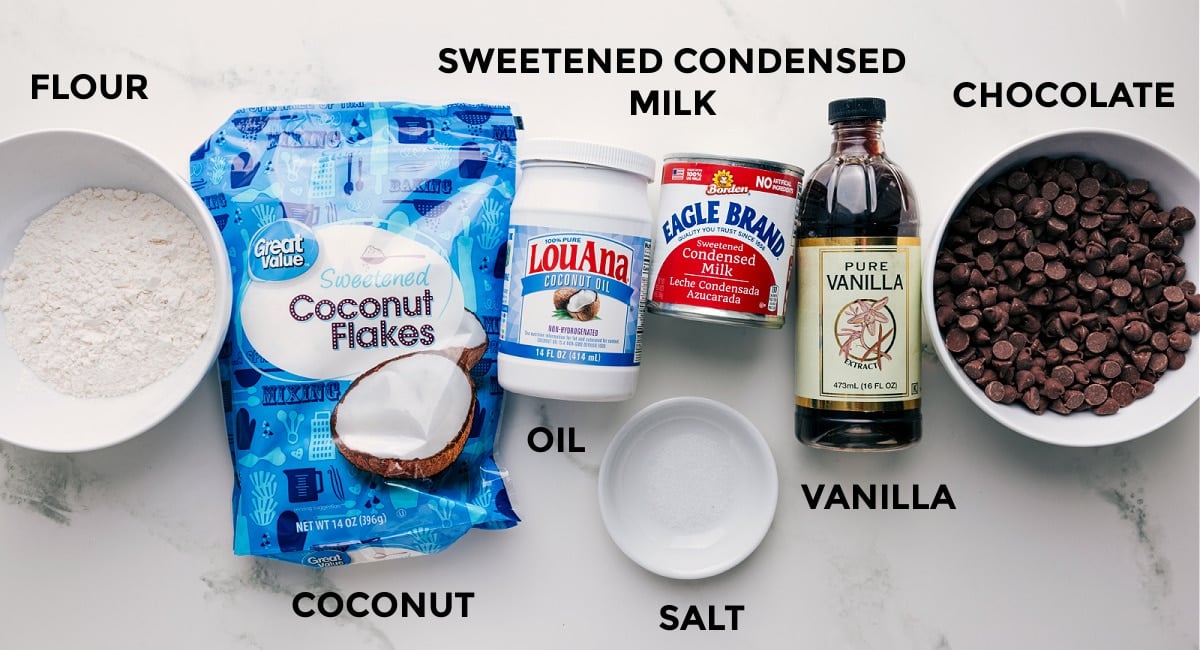 All the ingredients in this recipe prepped out for easy assembly including the flour, coconut, oil, sweetened condensed milk, vanilla, salt, and chocolate.