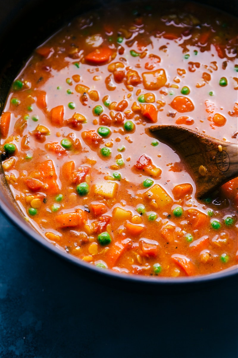 Closeup view of Curry Lentil Soup.