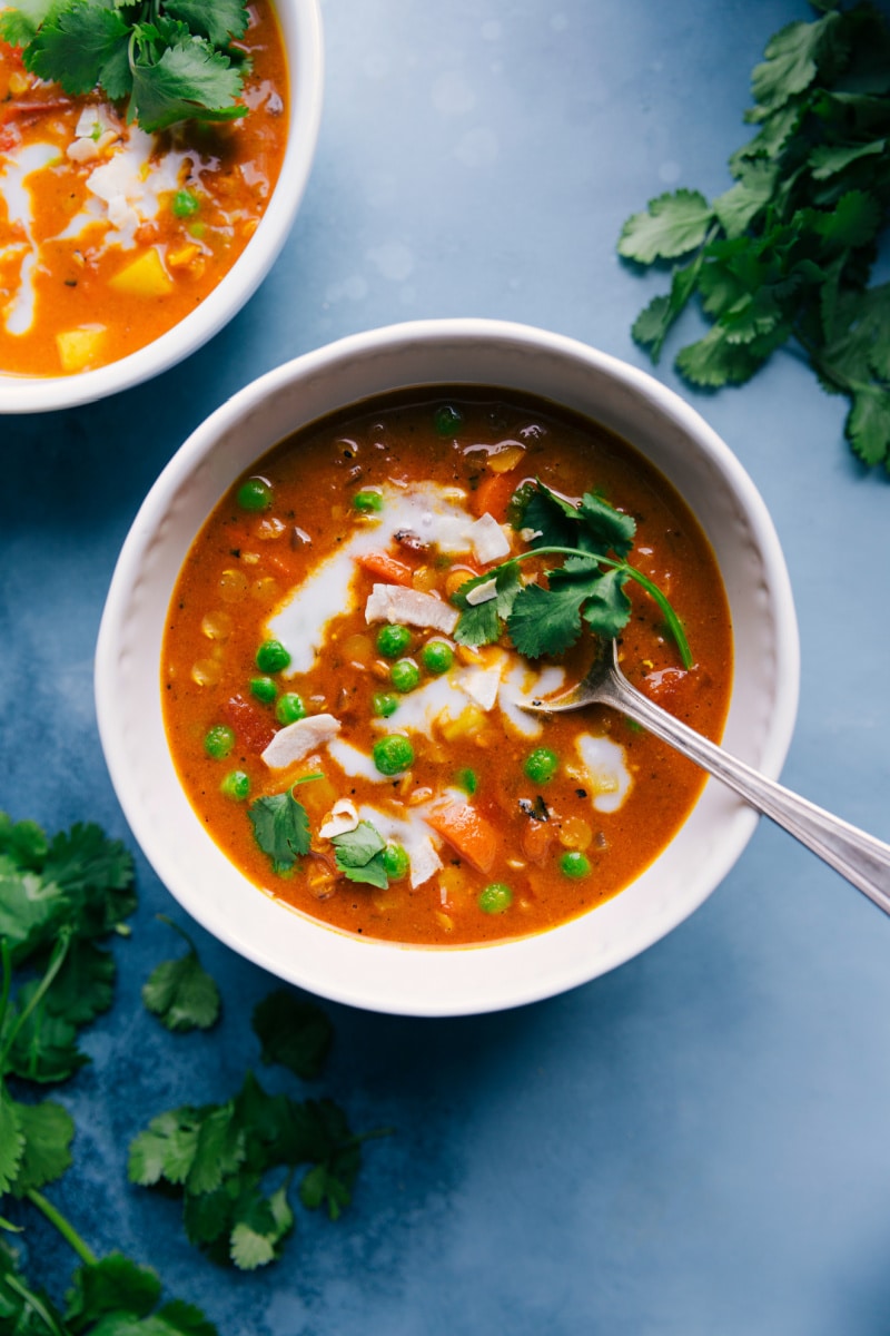 Overhead image of two bowls of the Curry Lentil Soup