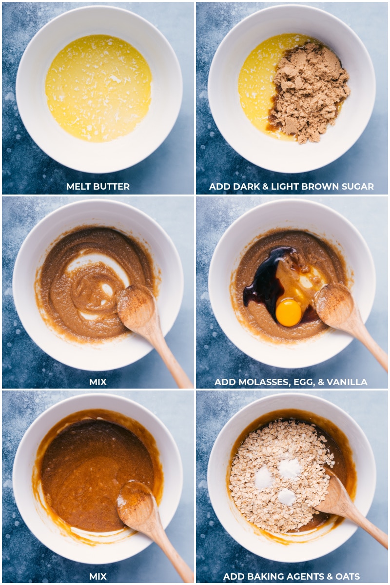 Process shots: mixing together butter and sugars, then adding molasses, egg, vanilla, baking agents, and oats