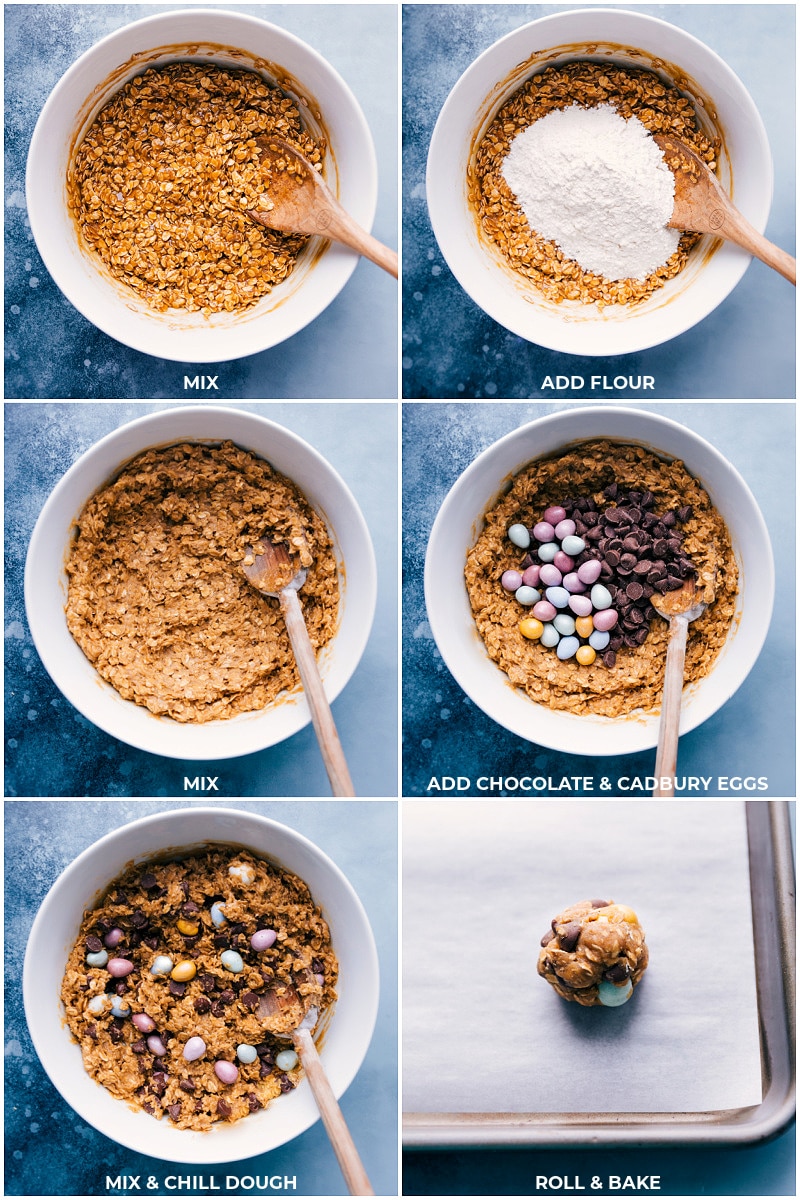 Process shots: adding flour, chocolate and candy eggs to the dough.