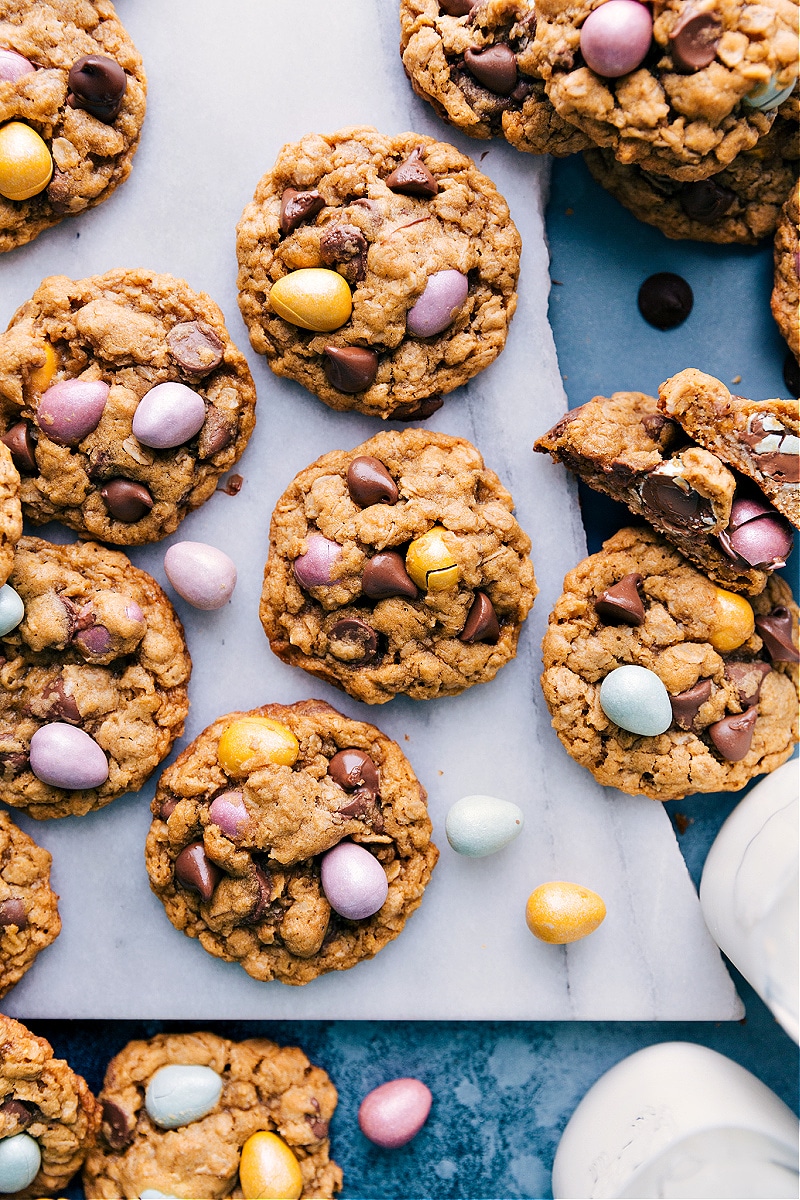 A batch of Easter Cookies on a marble slab.