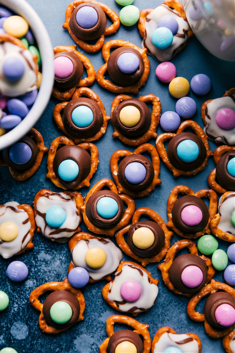 A grouping of Easter Pretzels on a table.