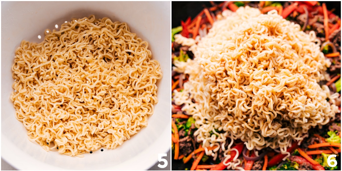 The cooked noodles being added to the mixture.