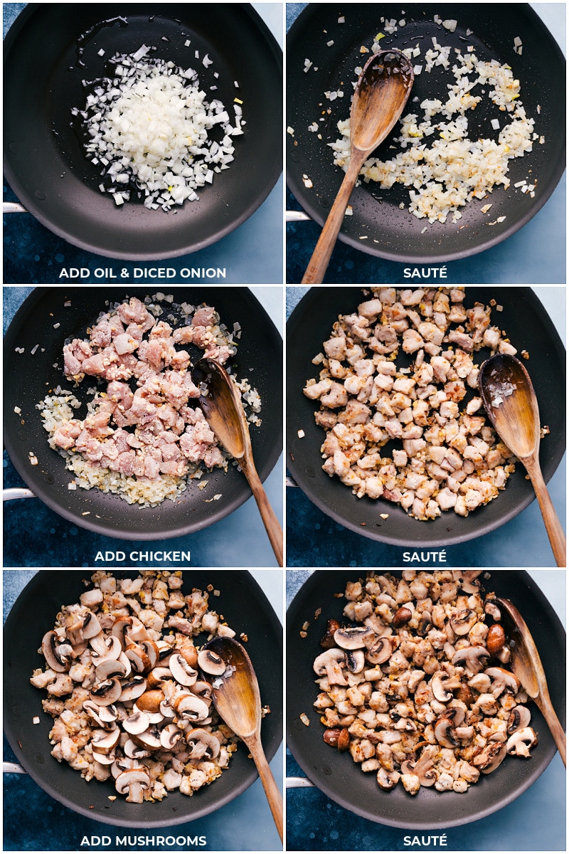 Process shots: sautéeing veggies and chicken.