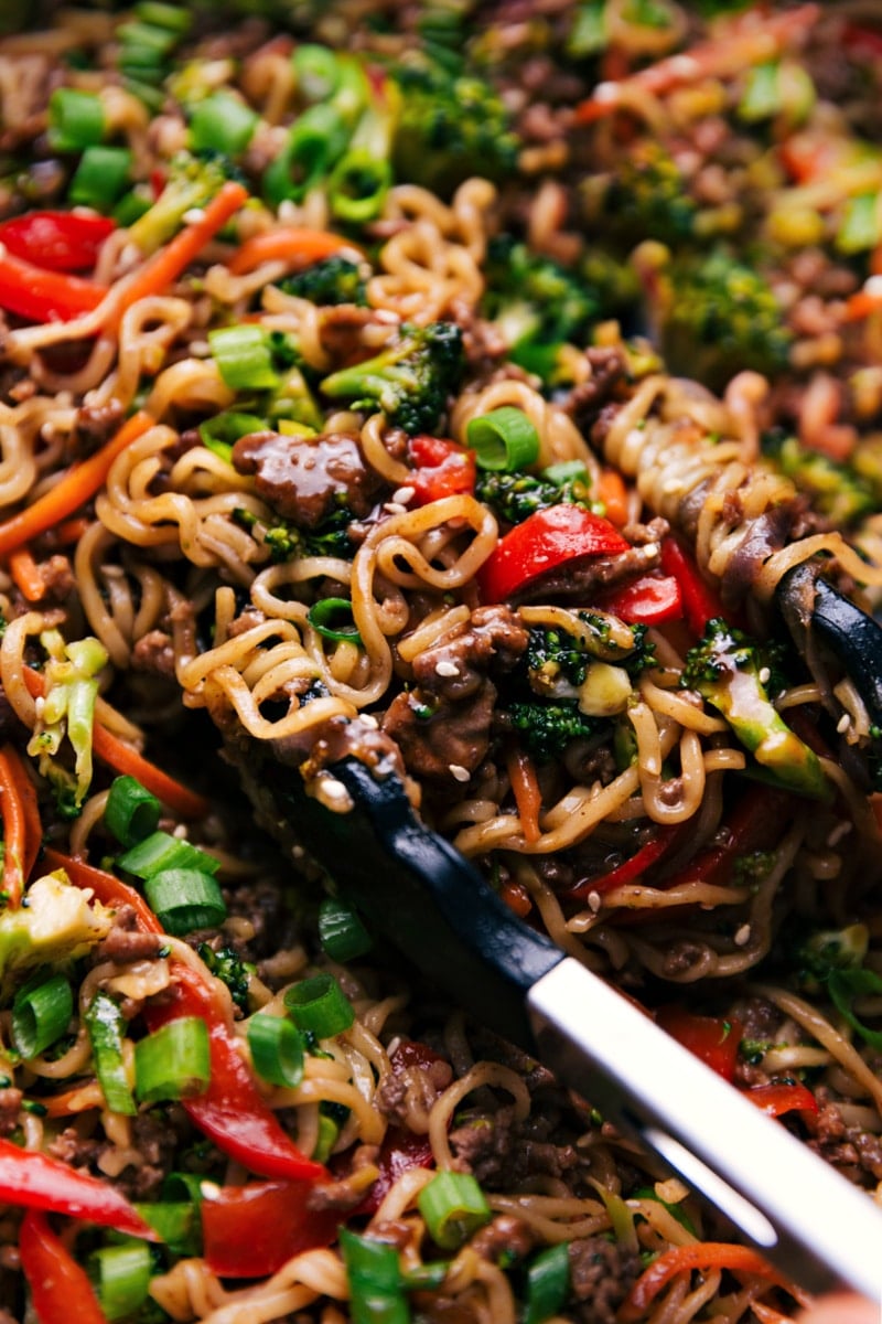 Up close image of the ground beef ramen