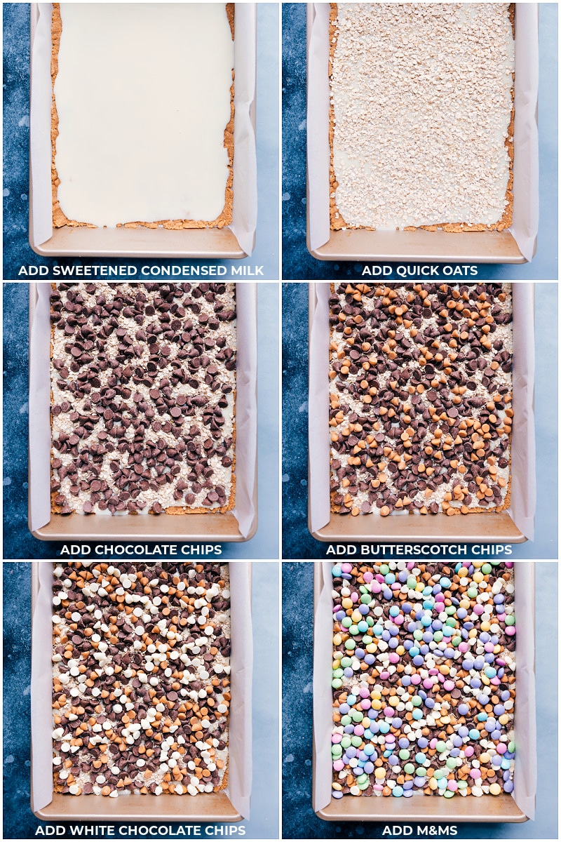 Magic Bars process shots: adding the layers to the pan: first oats, then chocolate chips, butterscotch chips, white chocolate chips, and finally m&ms