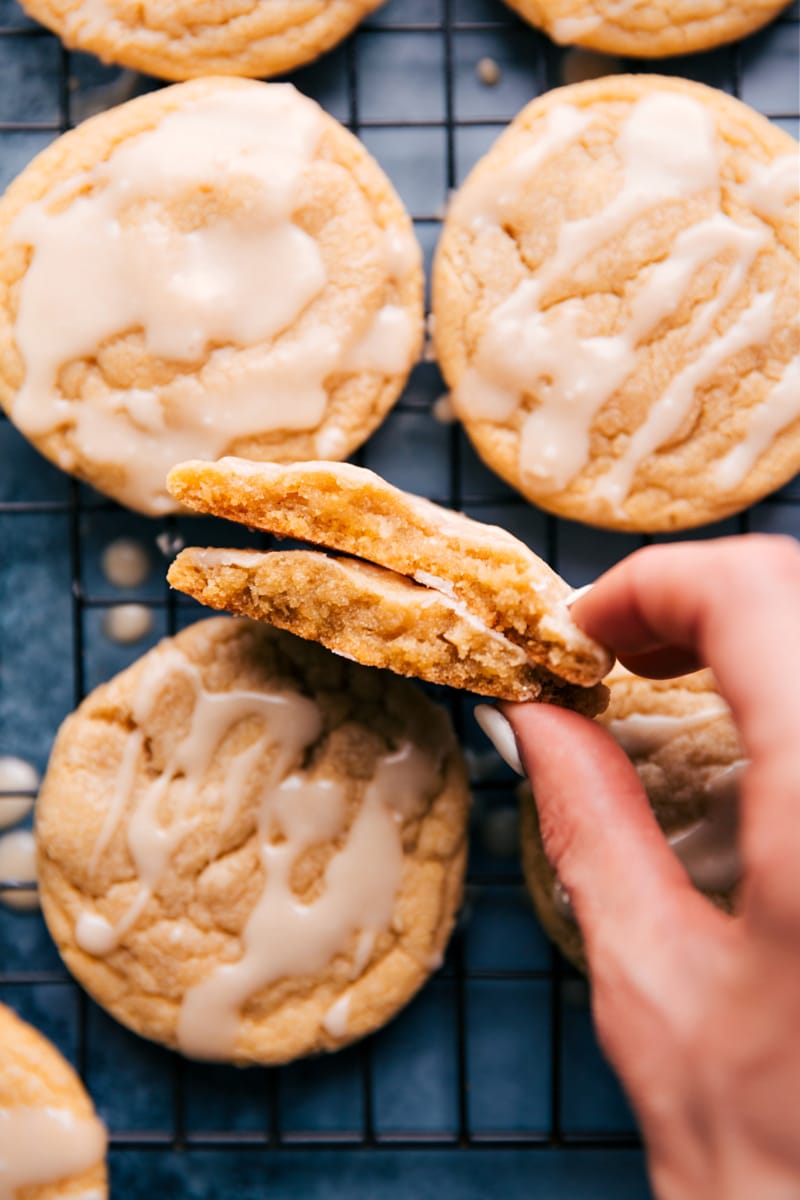 Image of the maple cookies with one broken in half showing the inside