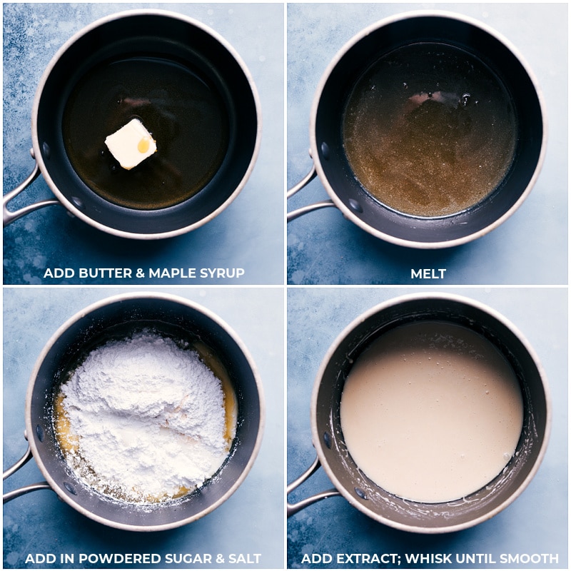Process shots-- images of the icing being whisked together in a pot over the stove