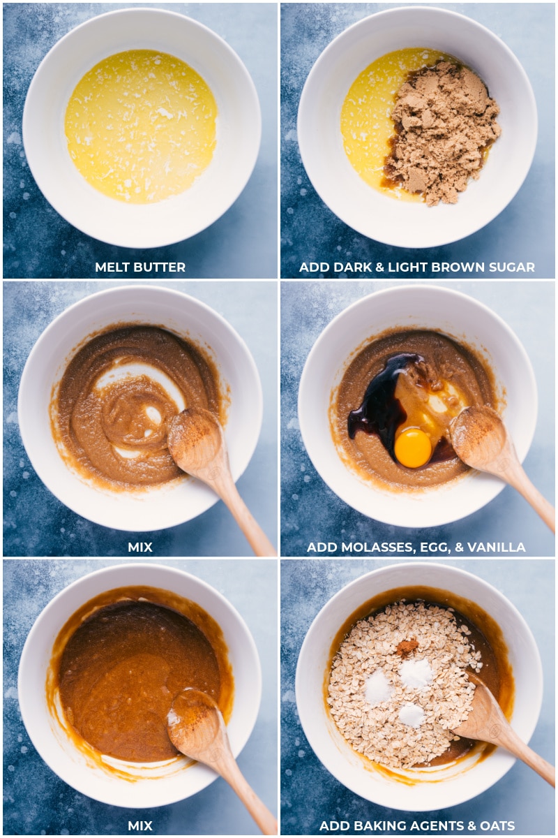 Process shots: images of the butter and sugar being mixed together and eggs, molasses, vanilla, baking agents, and oats being mixed together