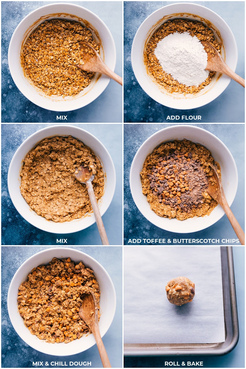 Process shots: adding the flour and chips to the cookie dough