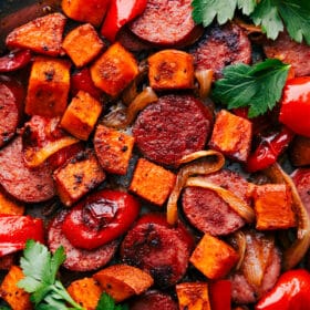 Sweet Potato and Sausage all on one pan fresh out of the oven.