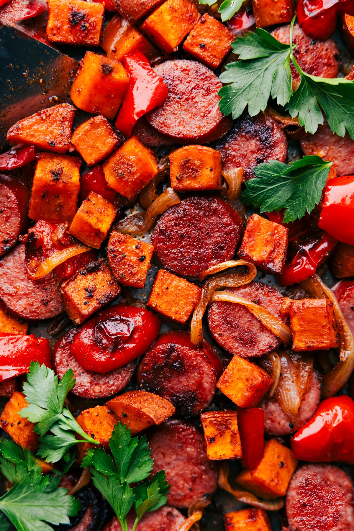 Sweet Potato and Sausage all on one pan fresh out of the oven.