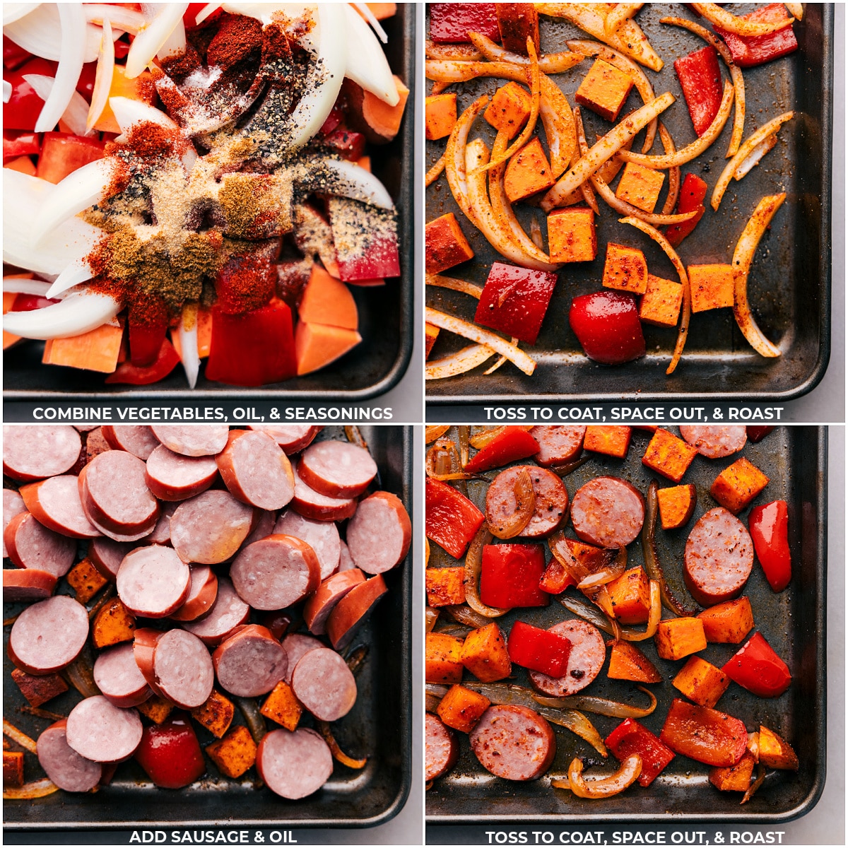 Ingredients for a one-pan Sweet Potato and Sausage dish combined on a baking tray, featuring sliced sausage, cubed sweet potatoes, drizzled with oil, and sprinkled with seasonings, ready to be roasted.