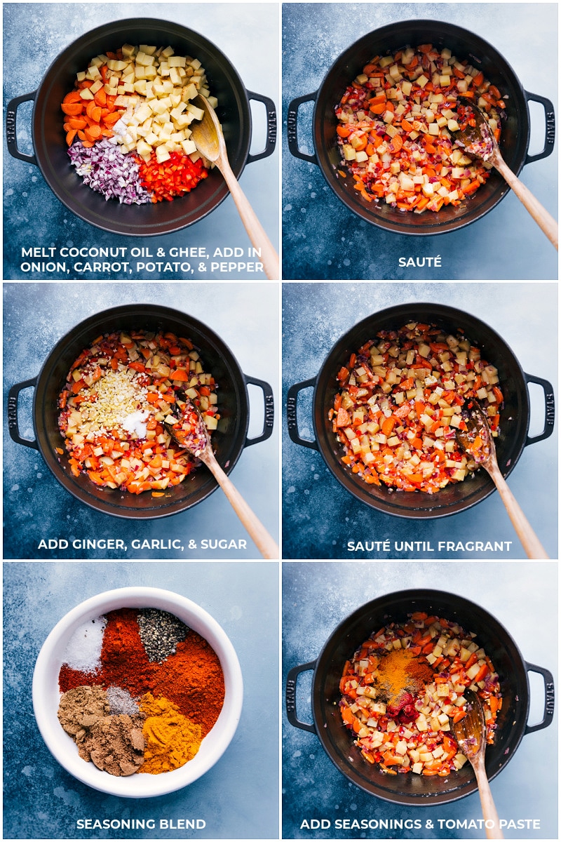 Vegetable Masala process shots: Cooking the vegetables and adding the seasonings and tomato paste