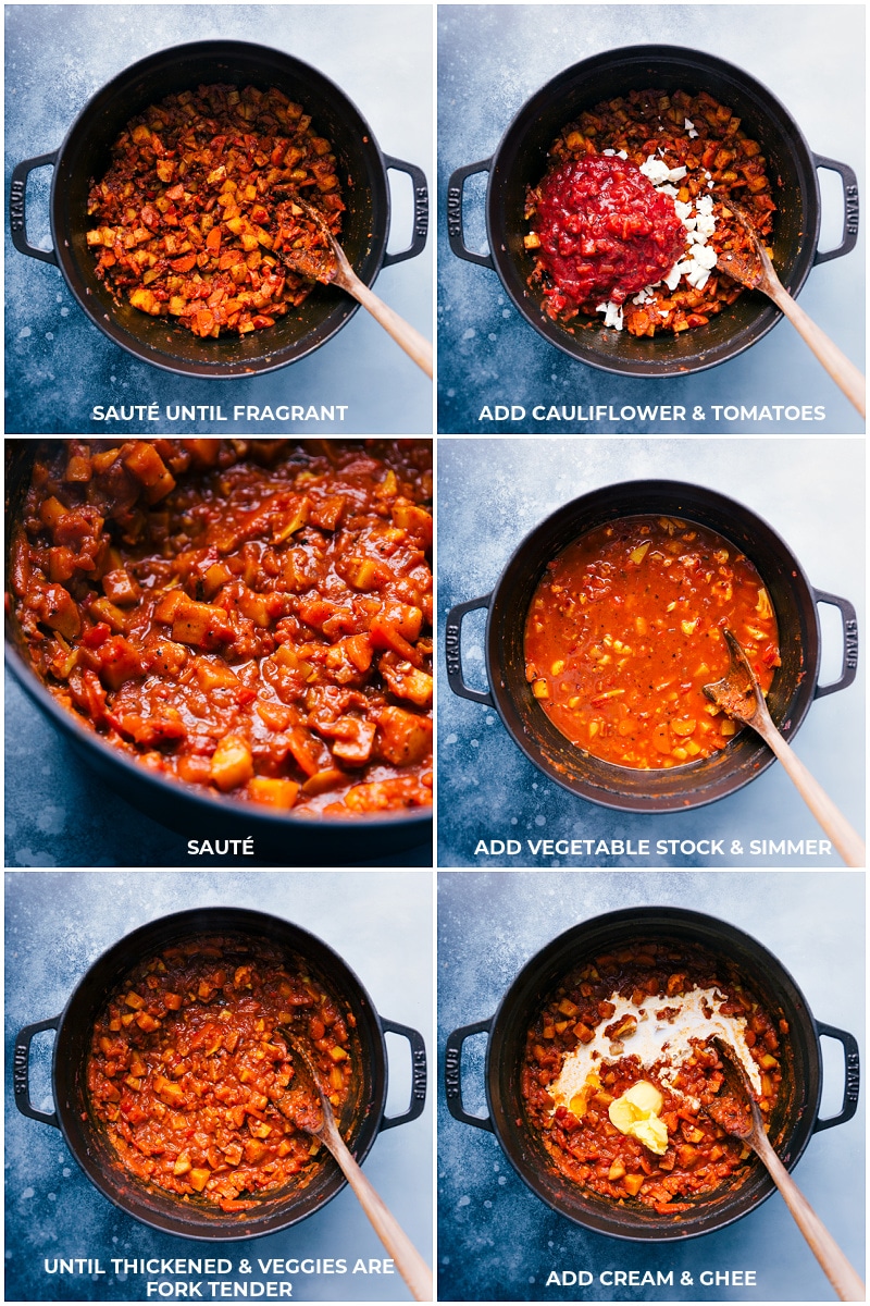 Process shots: adding cauliflower and tomatoes and sautéing then adding vegetable stock, cream, and ghee