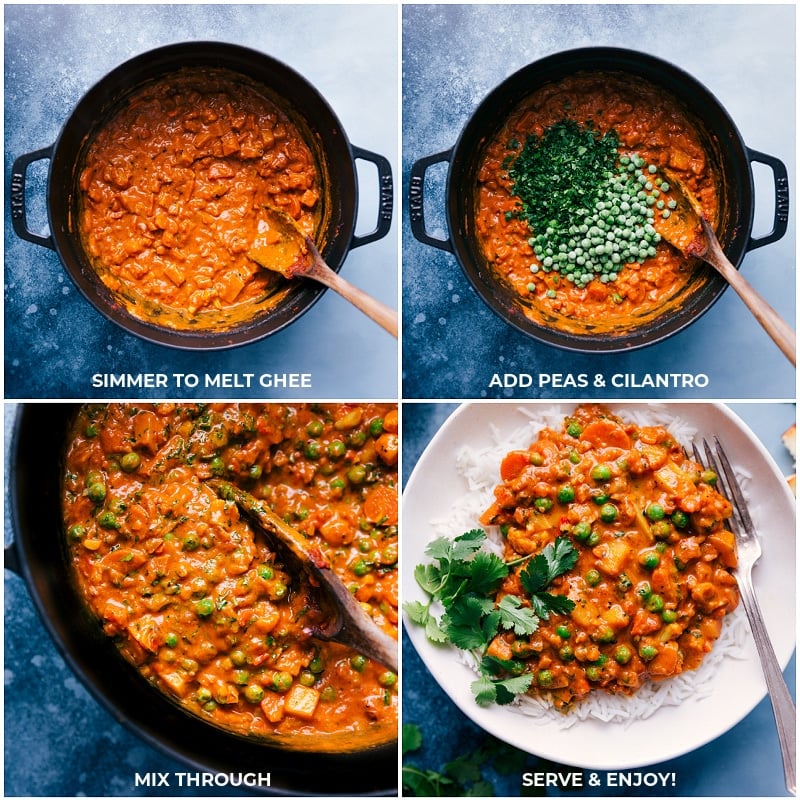 Process shots-- images of peas and cilantro being added and mixed through and it all being served over a bed of rice