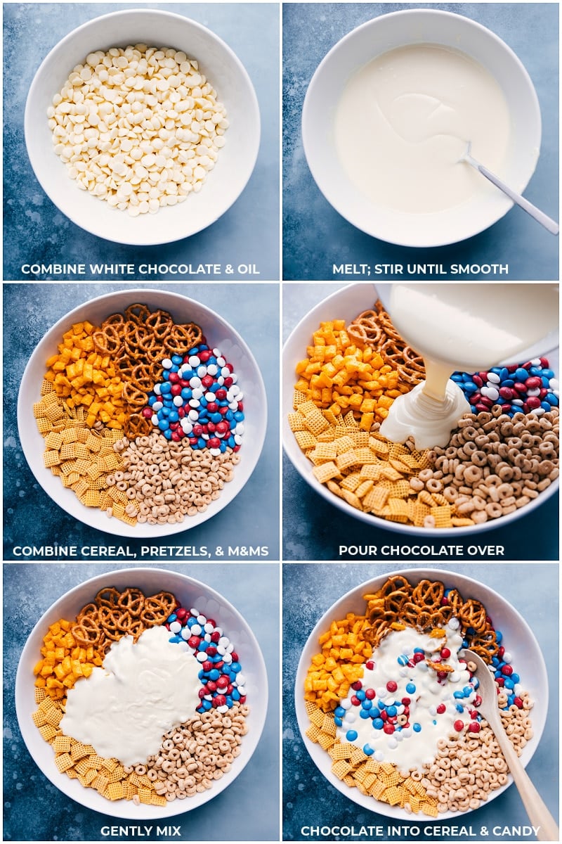 Process shots: melting the white chocolate and pouring it over the other ingredients