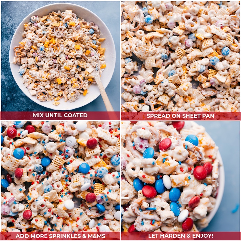 Process shots--images of the snack mix being mixed together and spread on a sheet pan and sprinkles being added on top