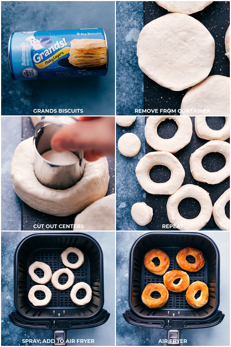 Process shots--Remove biscuits from packaging; cut out center; repeat for all the dough; spray and add to the air fryer; cook.