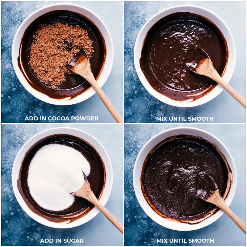 Process shots: adding cocoa and sugar to the brownie batter for this brownie recipe