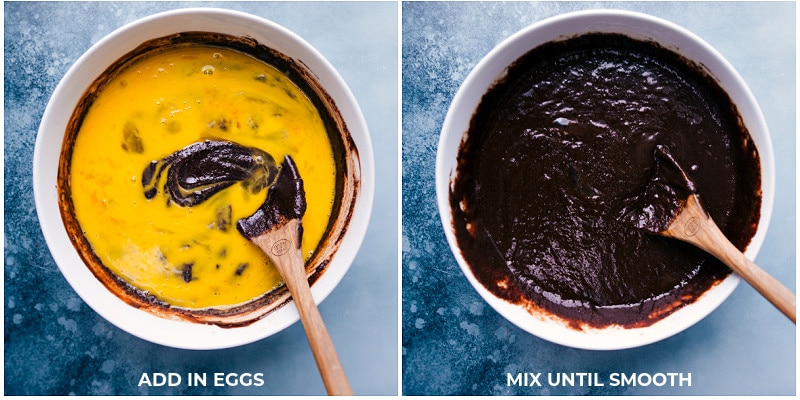 Adding eggs to the brownie batter