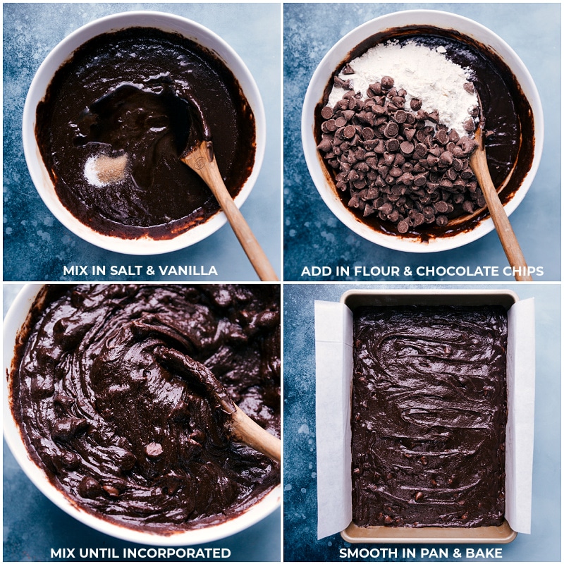 Process shots: finishing the brownie batter and smoothing it into the pan for this brownie recipe