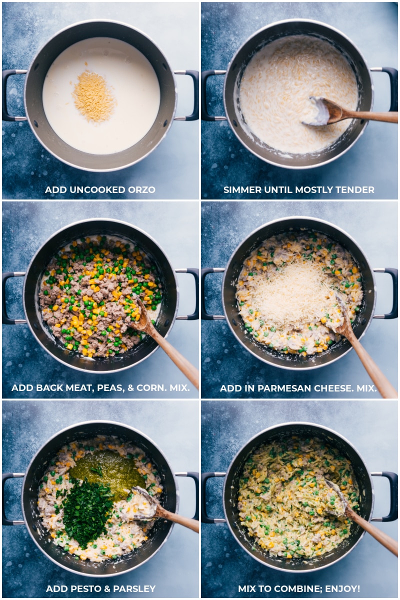 Process shots: cooking orzo and adding in the remaining ingredients