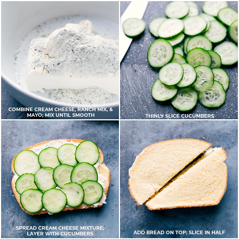 Process shots-- creating the filling and assembling the Cucumber Sandwiches
