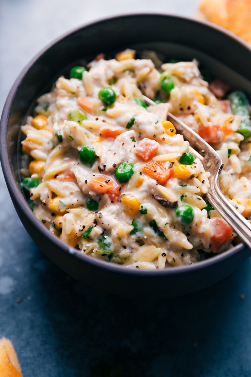 Up close image of the Chicken Pot Pie Pasta in a bowl