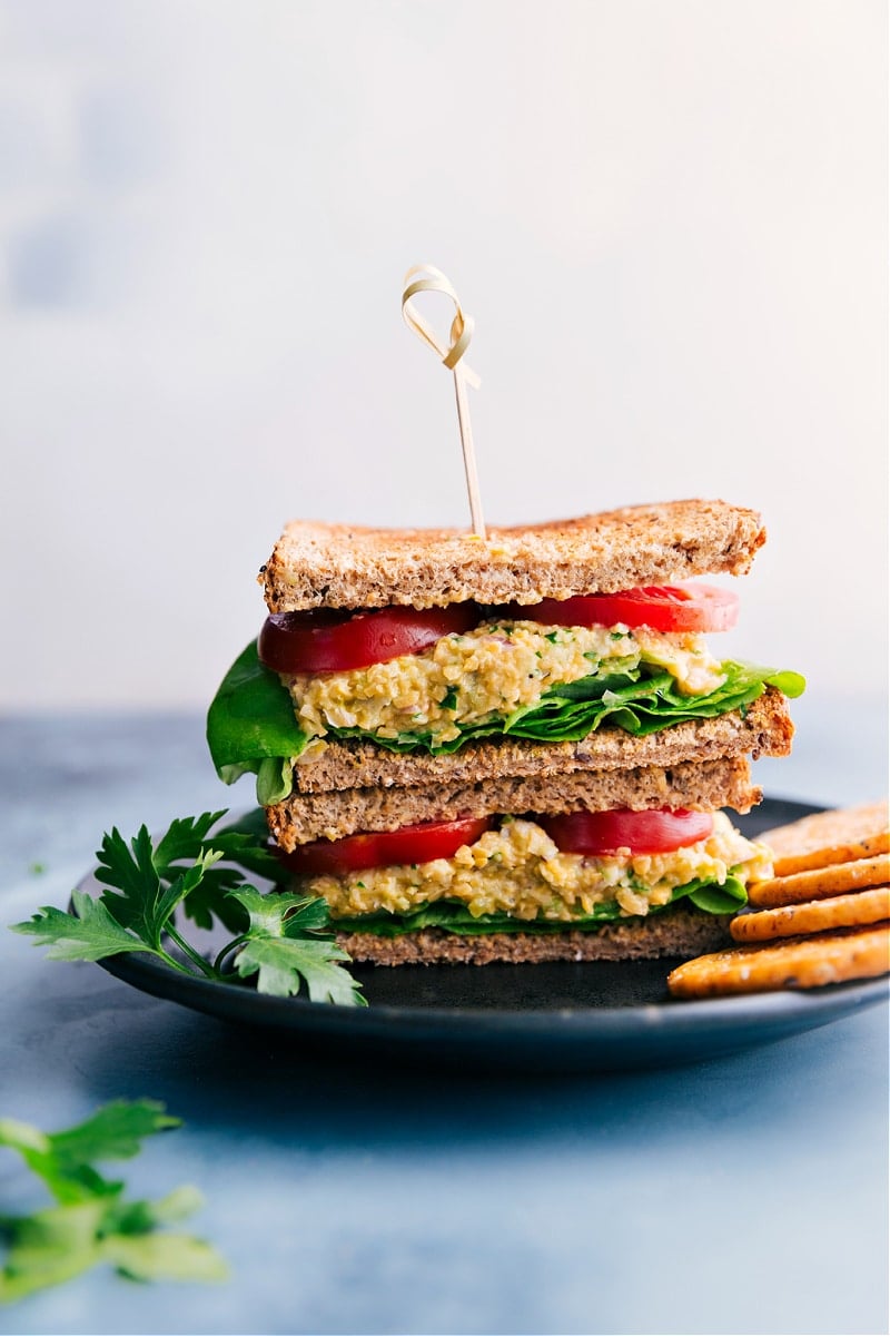 Image of the vegetarian tuna sandwich on a plate cut in half