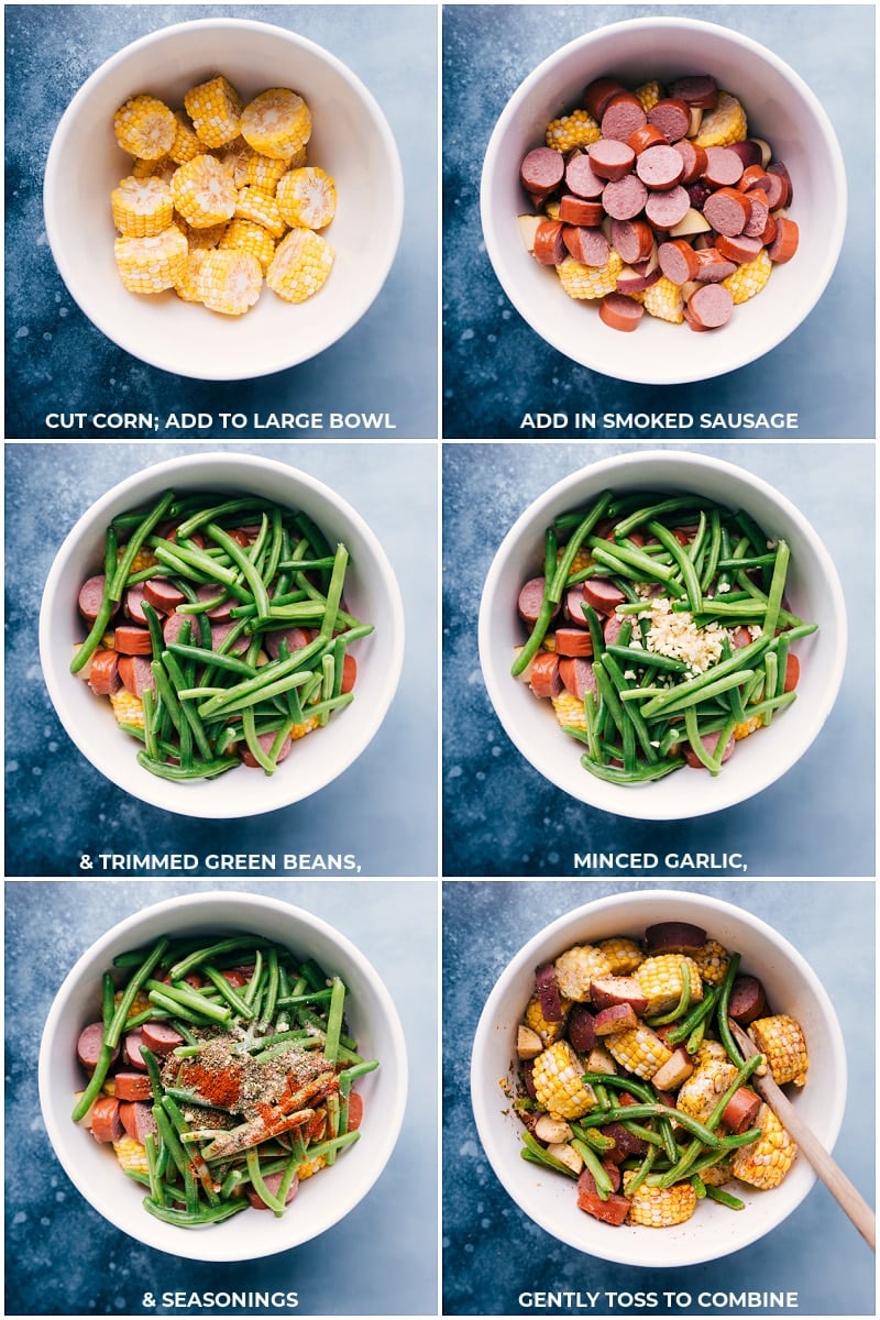 Process shots: adding ingredients and seasonings to a bowl and mixing