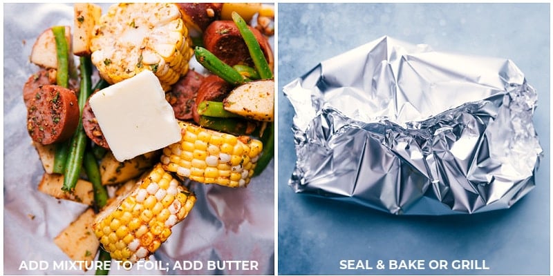 Adding ingredients to the foil and sealing the packet for these garlic butter sausage tin foil meals