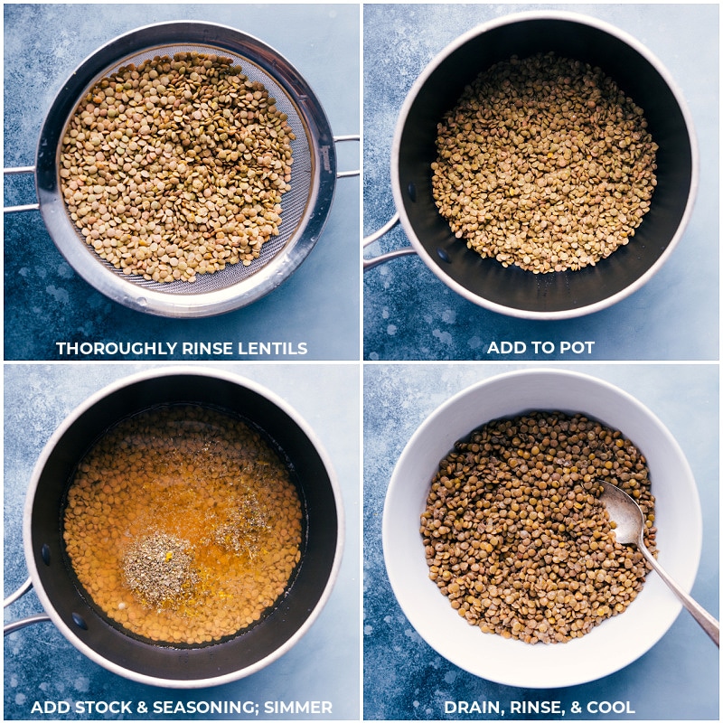 The process of lentils being rinsed, cooked, and cooled.