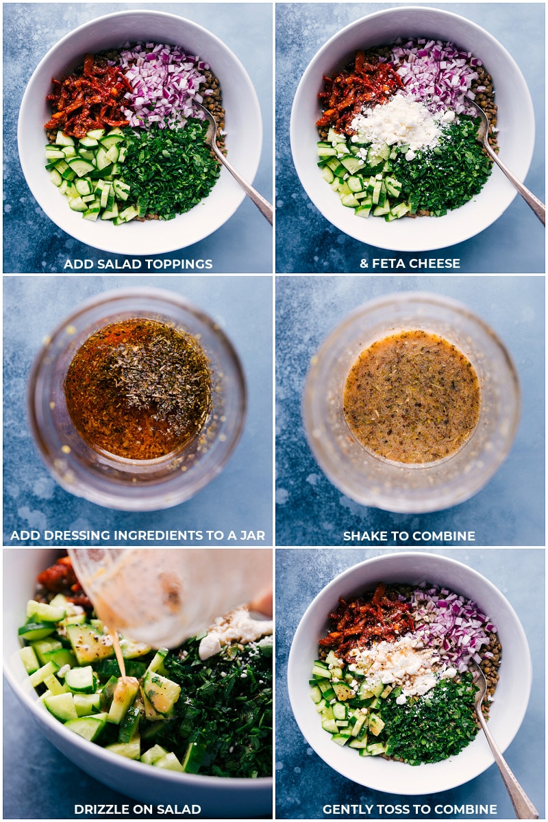 The process of assembling the salad and making the lemon dressing.